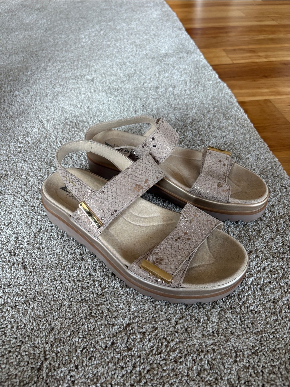 Mephisto Taupe Snake-Texture Platform Sandals with Gold Accents